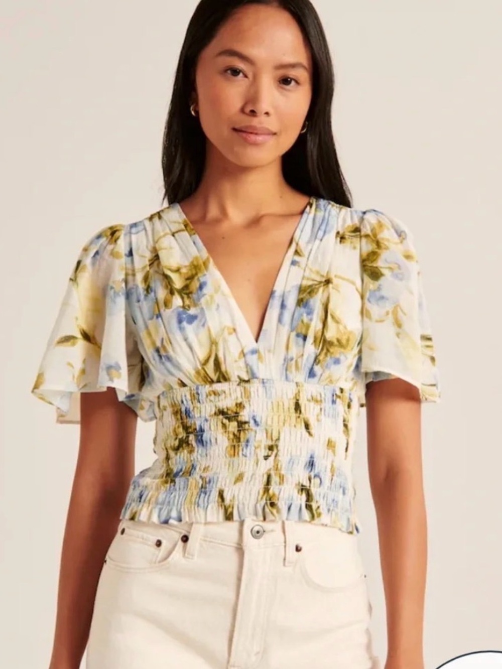 Abercrombie & Fitch Light Blue and Olive Floral V-Neck Smocked Top